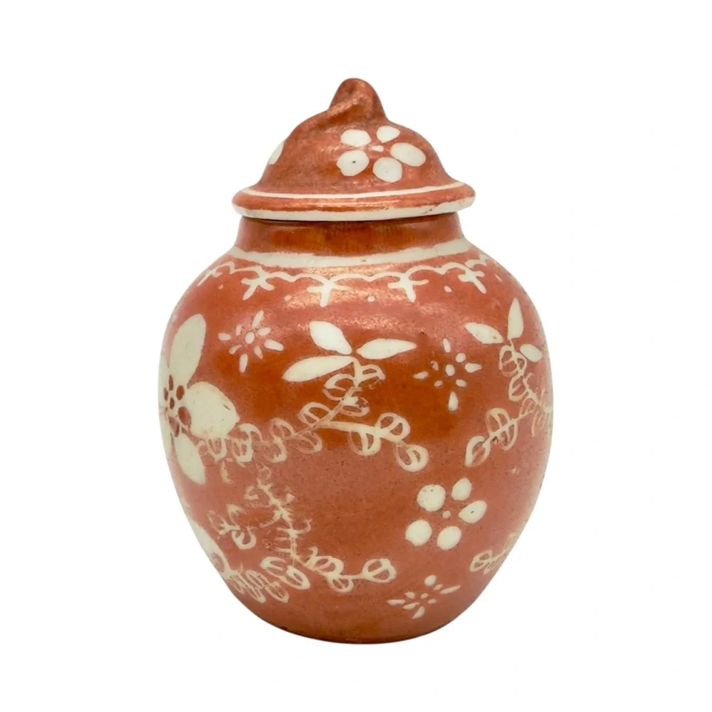 Chinese Miniature Ginger Jar Iron Red White Florals Cross With Display Base Vtg